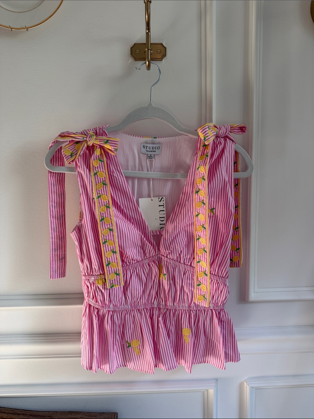 Strut & Bolt Pink & White Striped Tie-Shoulder Tank Top with Lemon Embroidery
